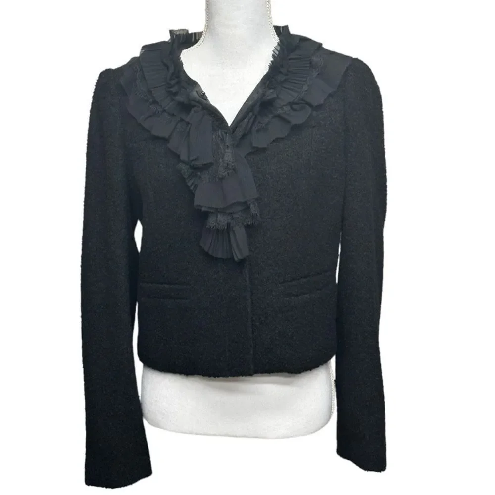 Ann Taylor Black Wool Blend Cropped Blazer With Lace & Ruffles Size‎ 8